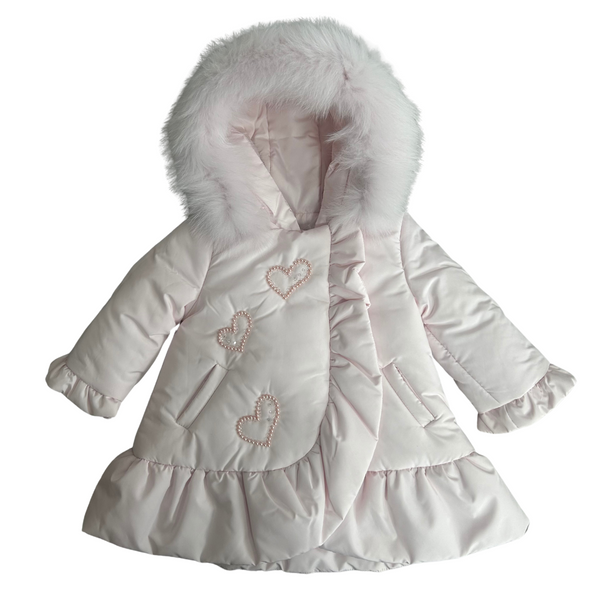 AW24 Bimbalo Pink Heart Bead Frill Fur Hood Coat Theodore Couture