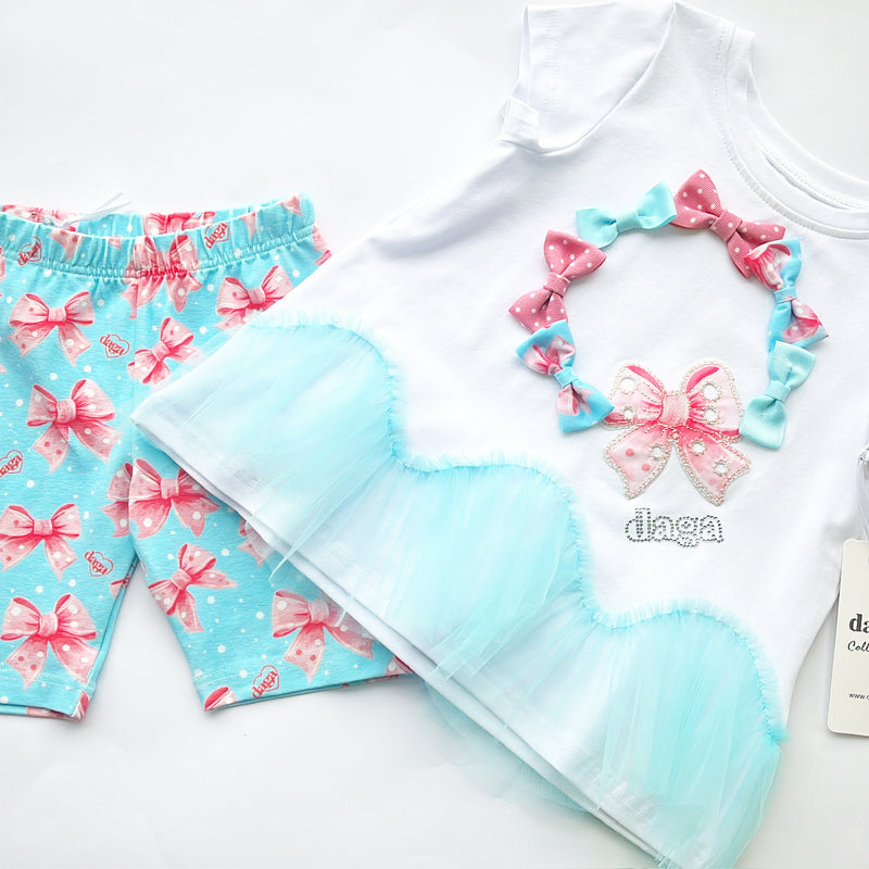 SS25 Daga White Pink & Turquoise Circle Bows Logo Frill Leggings Set