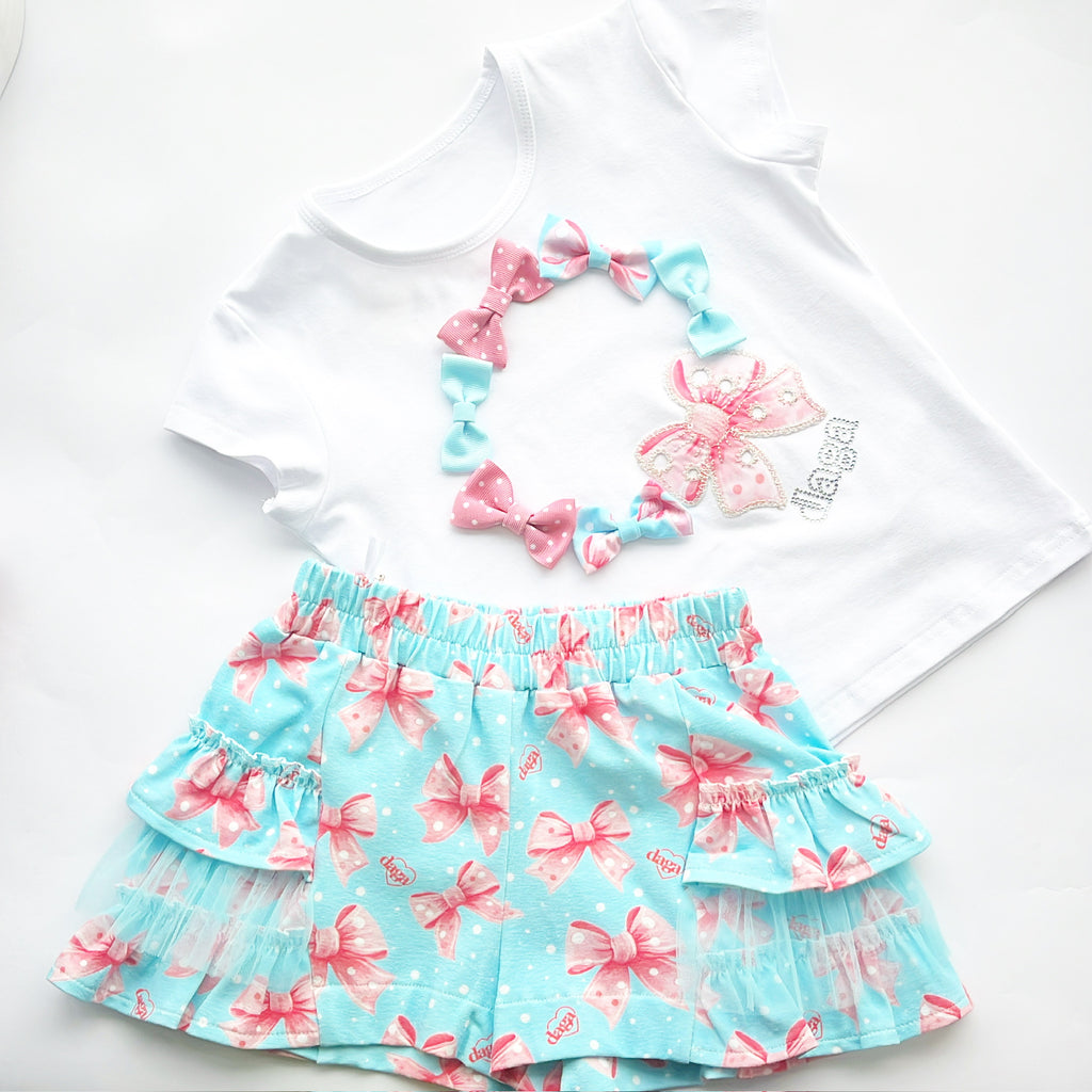 SS25 Daga White Pink & Turquoise Circle Bows Logo Frill Shorts Set