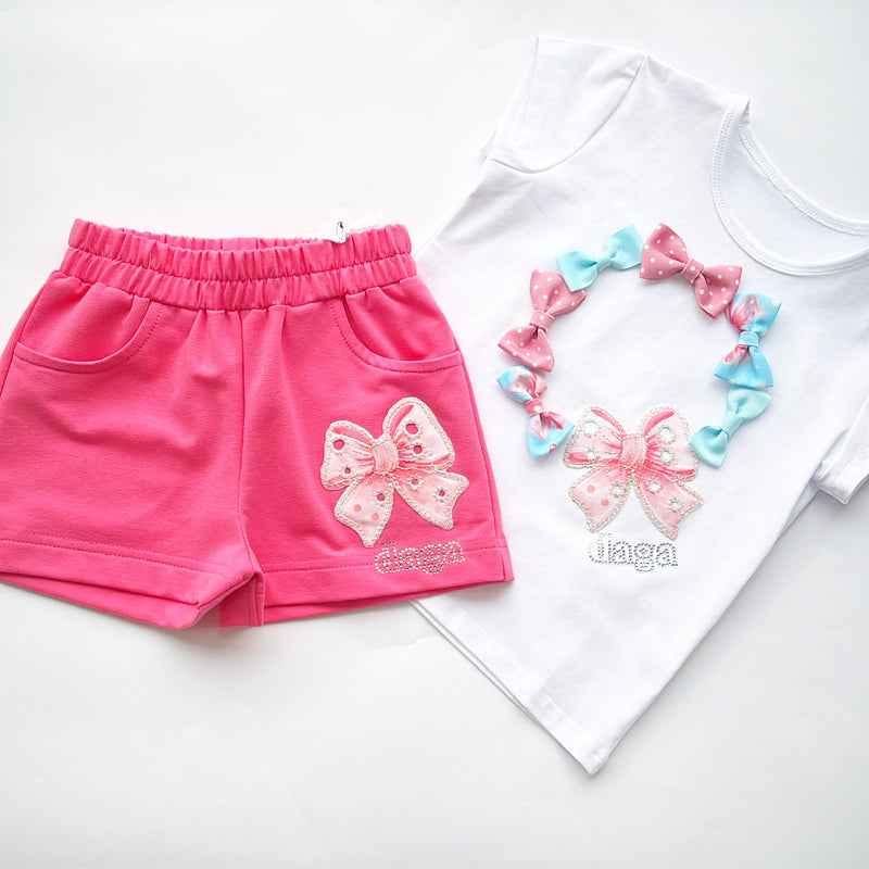 SS25 Daga Pink White & Turquoise Bows Shorts Set