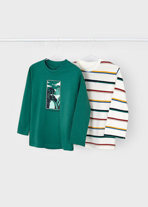 AW23 Mayoral Green & Multicoloured Striped Two Pack of T-Shirts