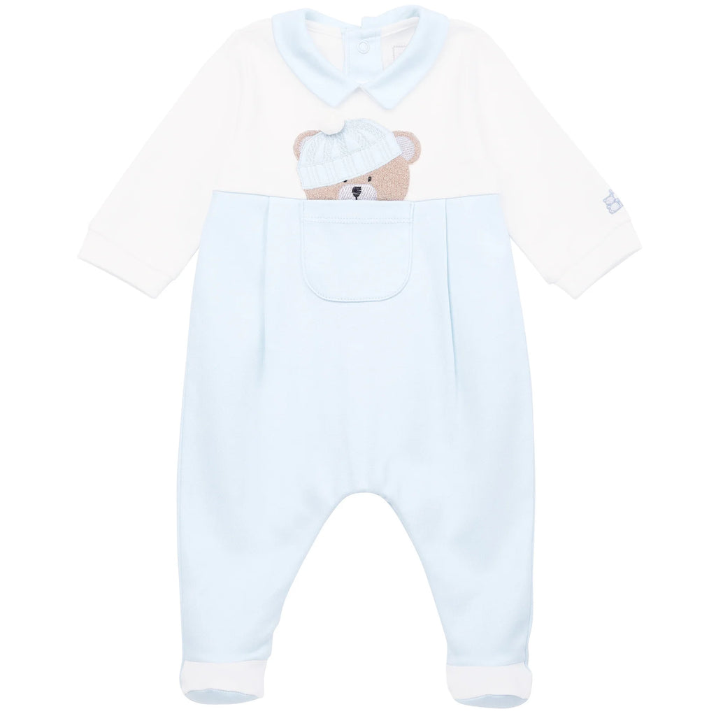 AW24 Emile Et Rose HERBIE Pale Blue & White Teddy Bear Babygrow