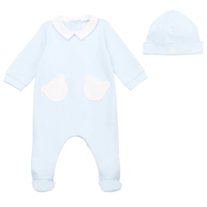 AW24 Emile Et Rose HENRY Pale Blue & White Teddy Bear Babygrow With Hat