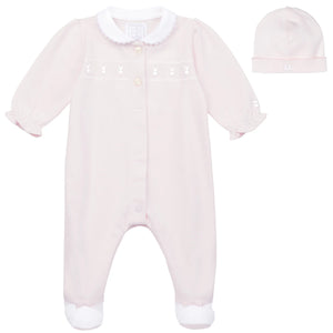 AW24 Emile Et Rose HELEN Pale Pink & White Bunnies Babygrow With Hat