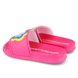 SS25 Agatha Ruiz De La Prada Fuchsia Pink Multicoloured Heart & Flower Sliders