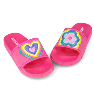 SS25 Agatha Ruiz De La Prada Fuchsia Pink Multicoloured Heart & Flower Sliders