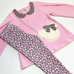 AW24 Balloon Chic Pink Leopard Print Faux Fur Teddy Handbag Legging Set