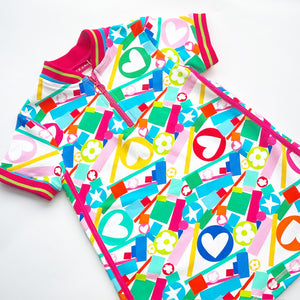 SS25 Agatha Ruiz De La Prada Junior White Multicoloured Zip Shapes Pattern Dress