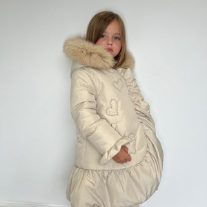 AW24 Bimbalo Beige Heart Bead Frill Fur Hood Coat