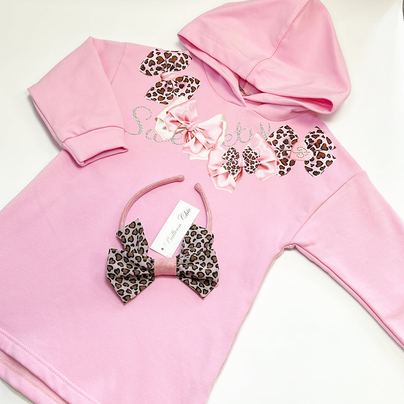 AW24 Balloon Chic Pink 'Sweety 'Leopard Print Bow Hoody Dress