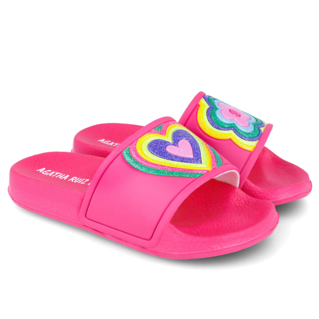 SS25 Agatha Ruiz De La Prada Fuchsia Pink Multicoloured Heart & Flower Sliders