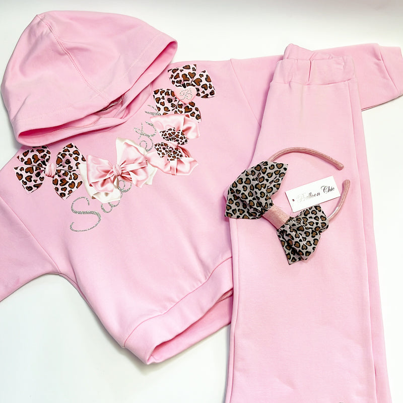 AW24 Balloon Chic Pink 'Sweety' Leopard Print Bows Hoody Tracksuit