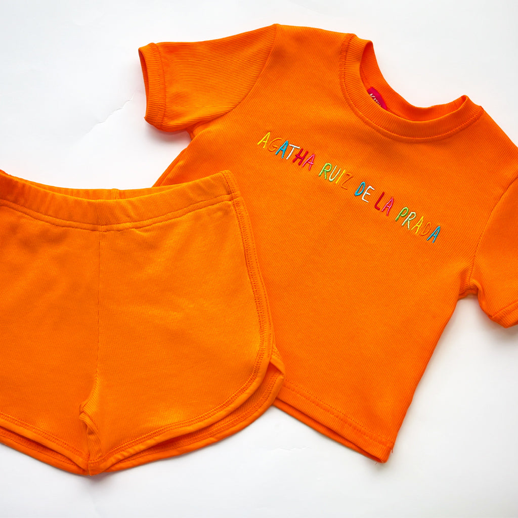 SS25 Agatha Ruiz De La Prada Junior Orange Multicoloured Logo Shorts Set