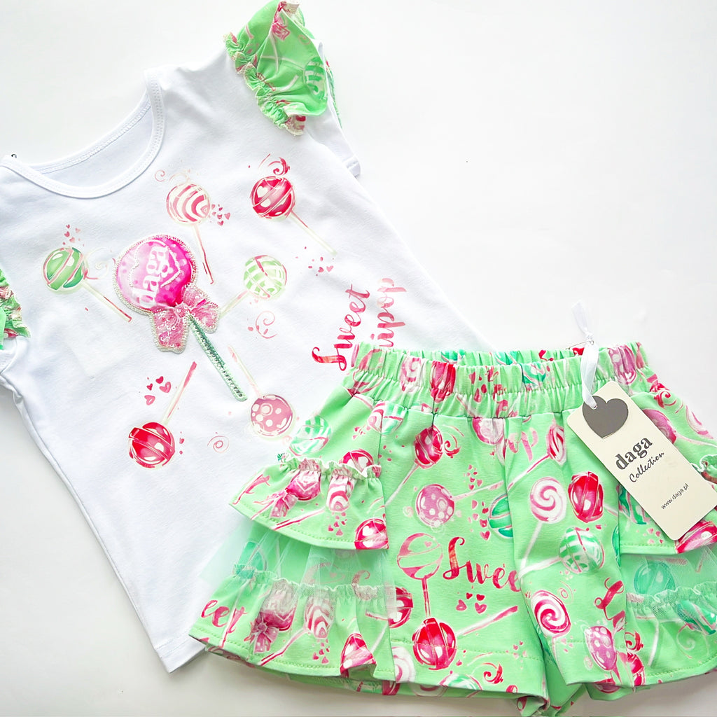 SS25 Daga Pink Green & White 'Sweet Lollipop' Frill Shorts Set