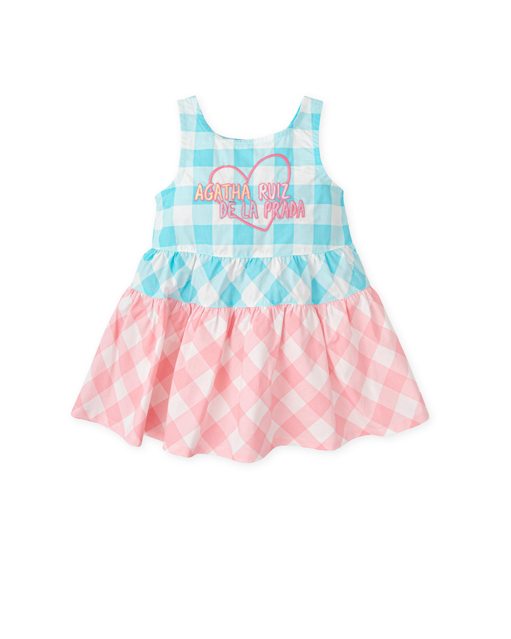 SS25 Agatha Ruiz De La Prada Baby Pink Turquoise & White Check Heart Logo Dress