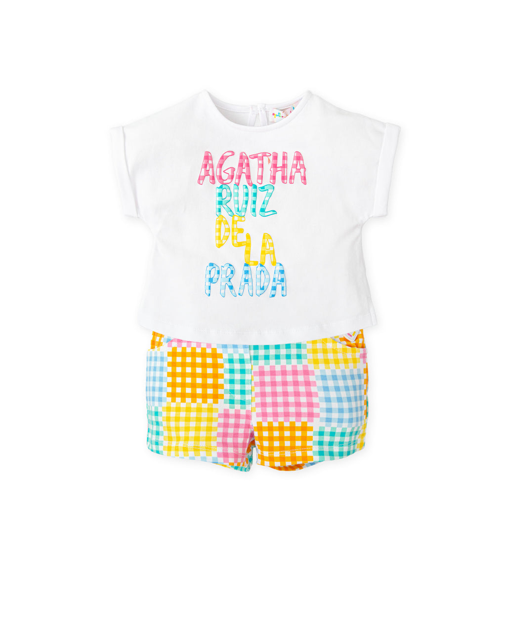 SS25 Agatha Ruiz De La Prada Baby White Multicoloured Patchwork Logo Shorts Set