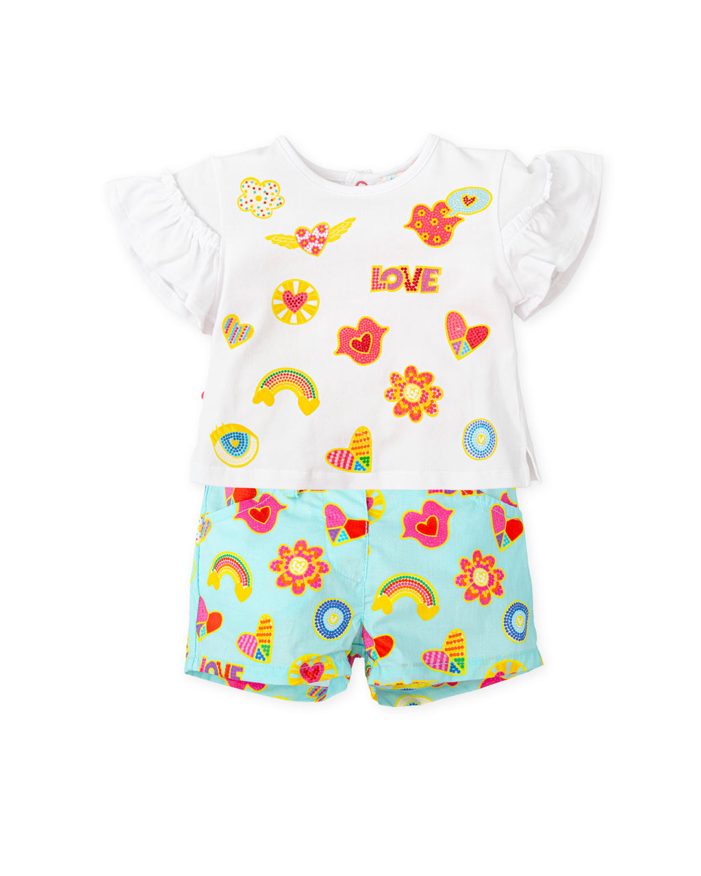 SS25 Agatha Ruiz De La Prada Baby White & Turquoise Multicoloured 'Love' Symbols Shorts Set