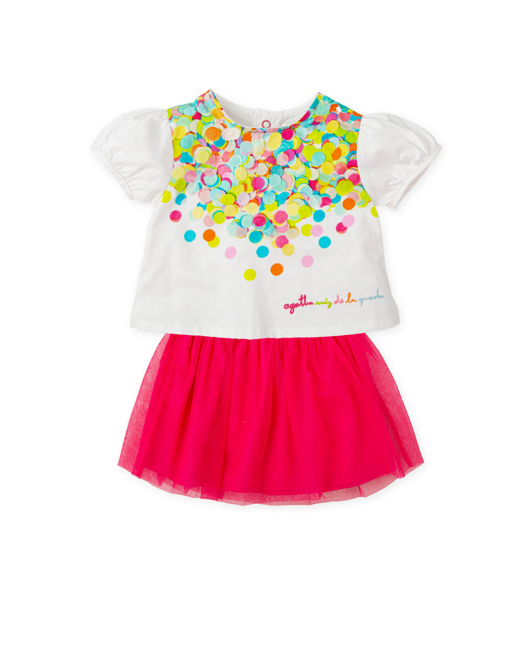 SS25 Agatha Ruiz De La Prada Pink & White Multicoloured Circles Logo Skirt Set