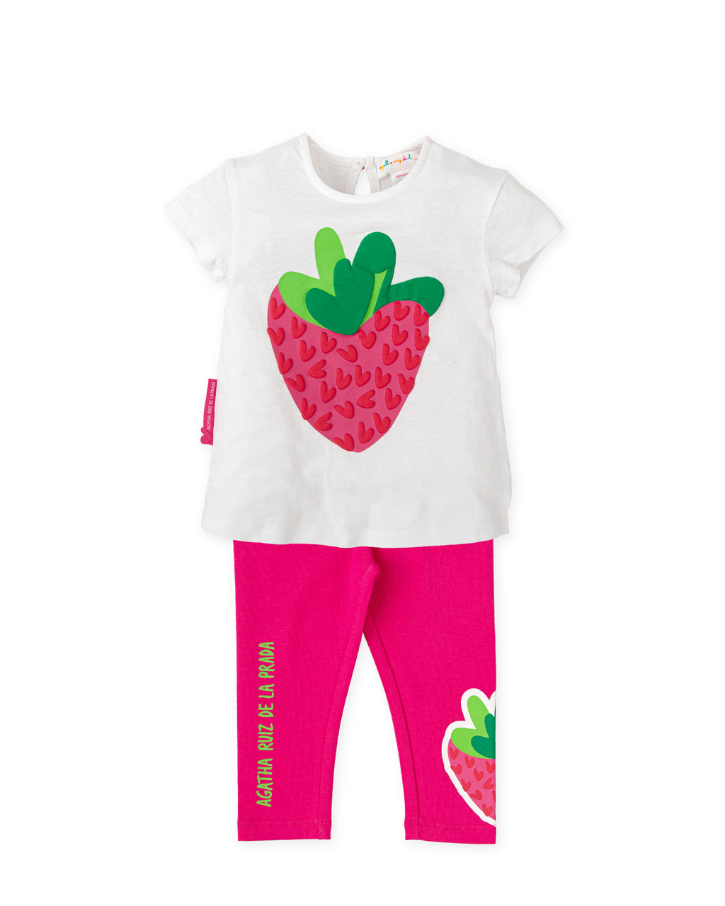 SS25 Agatha Ruiz De La Prada Baby Pink White & Green Strawberry Logo Leggings Set