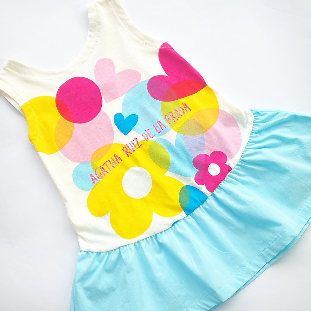 SS25 Agatha Ruiz De La Prada Junior White & Blue Multicoloured Logo Bow Dress