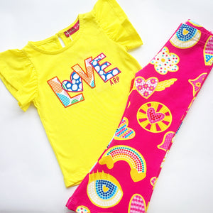 SS25 Agatha Ruiz De La Prada Junior Yellow & Pink Multicoloured 'Love' Logo Symbols Flares Set