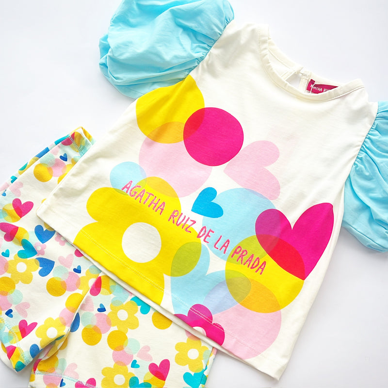 SS25 Agatha Ruiz De La Prada Junior White & Blue Multicoloured Logo Bow Shorts Set