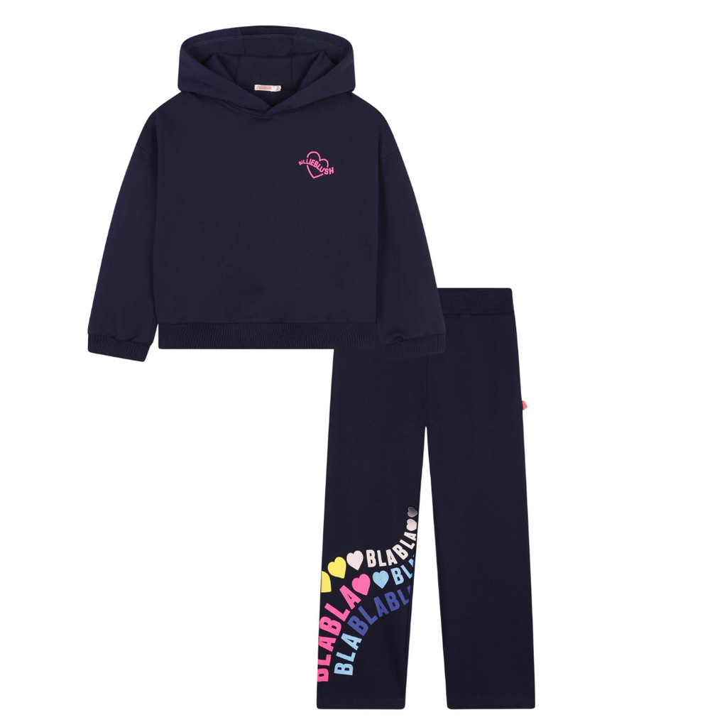 AW24 Billieblush Navy Blue Multicoloured Hearts 'Bla Bla Bla' Logo Hooded Tracksuit