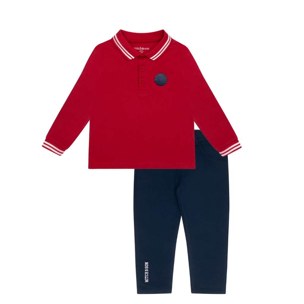 AW24 Mitch & Son BART & BYRON Red & Navy Blue Long Sleeve Polo & Twill Trouser Set