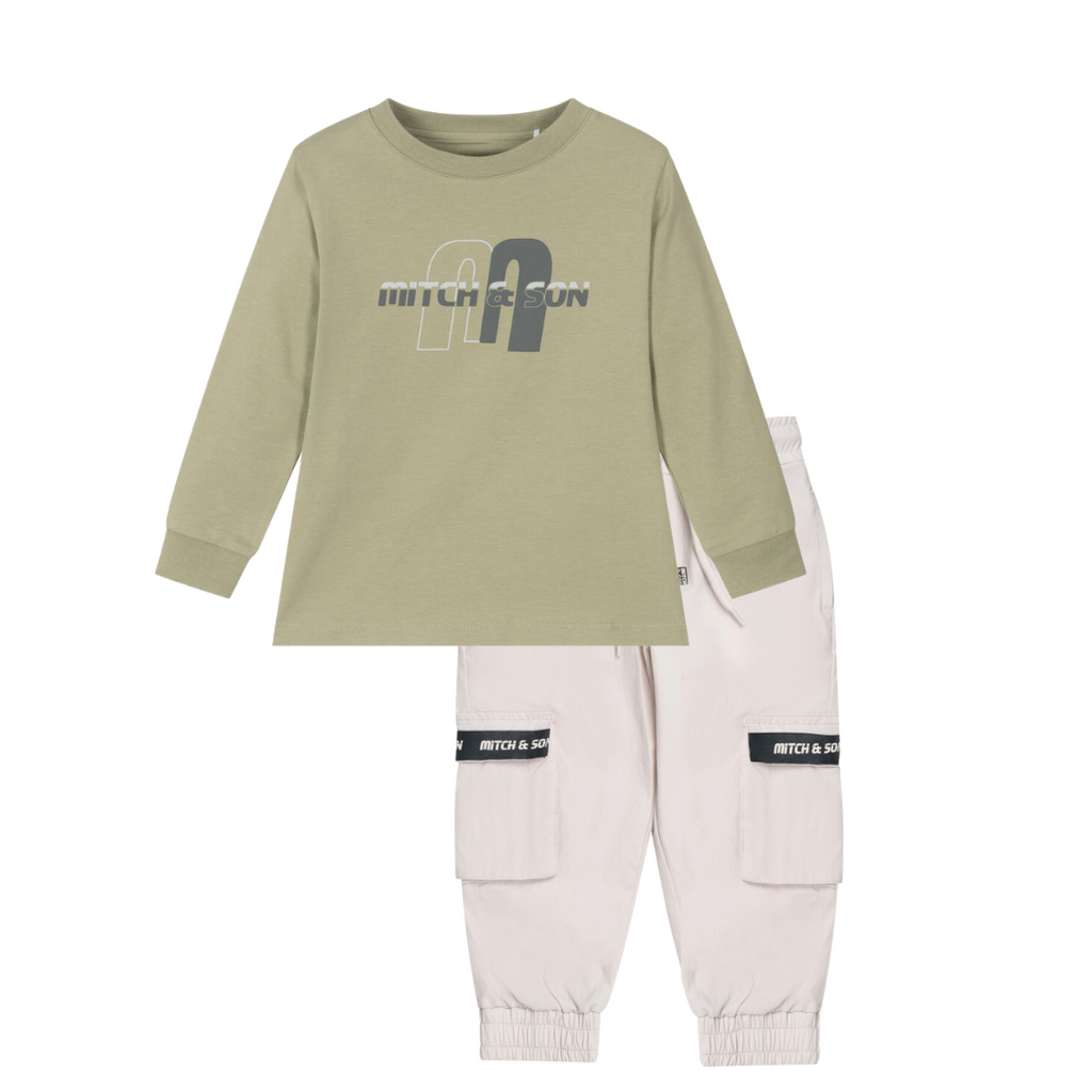 AW24 Mitch & Son Junior CREW & CHARLES Stone Grey & Khaki Green Long Sleeve Logo T-Shirt & Cargo Jogger Set