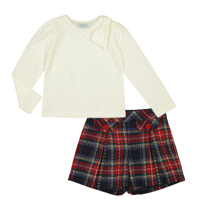 AW24 Mayoral Red & Navy Tartan Short Set