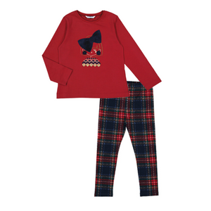 AW24 Mayoral Red & Navy Girl Bow Tartan Legging Set