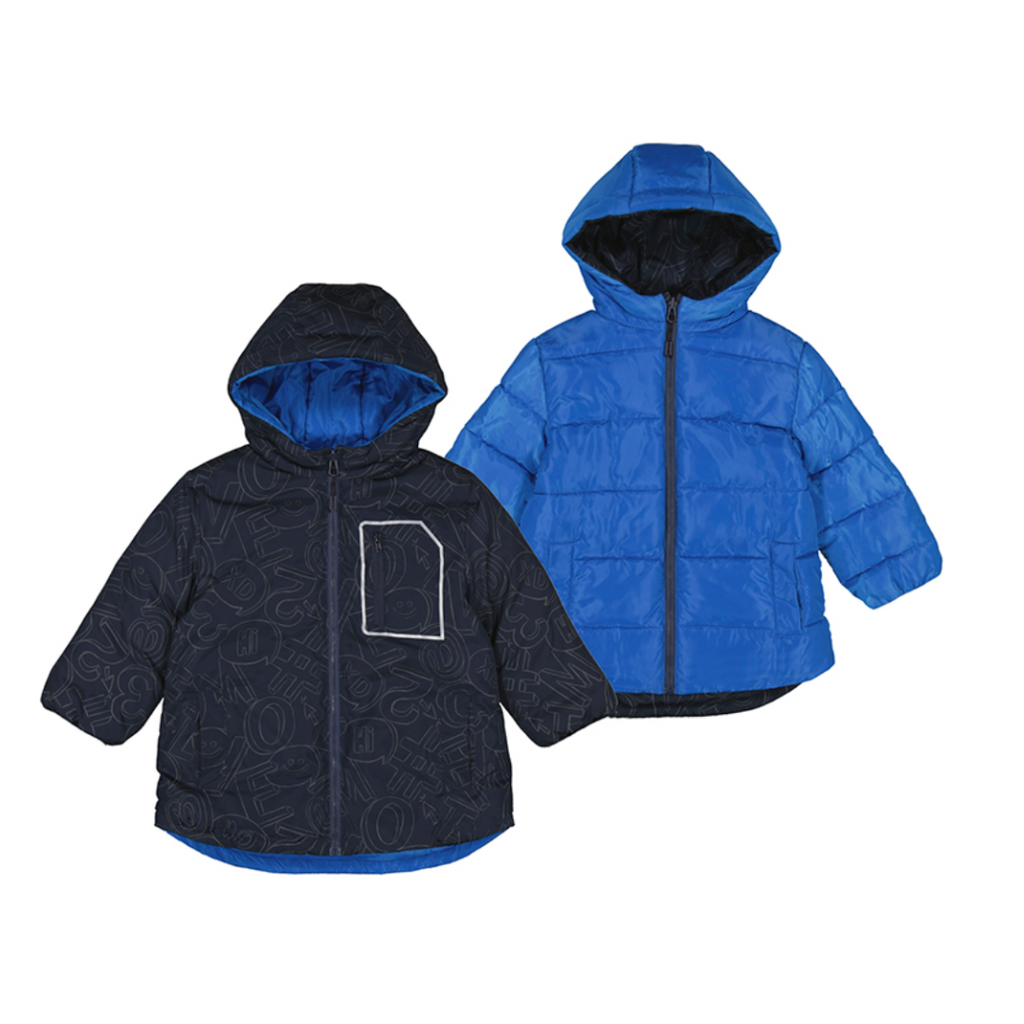 AW24 Mayoral Blue Reversible Text Hooded Coat