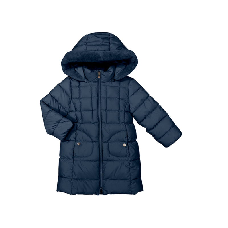 AW24 Mayoral Navy Blue Faux Fur Hooded Coat