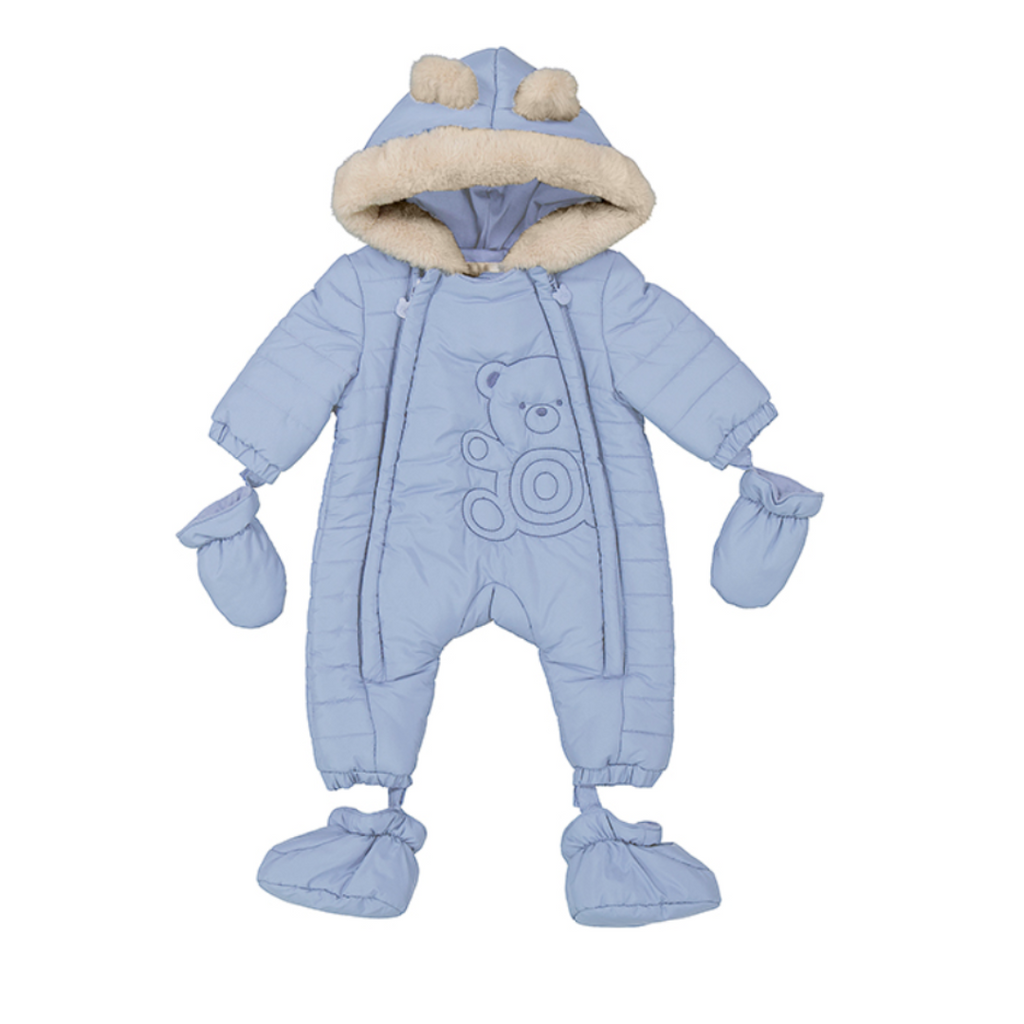 AW24 Mayoral Blue Teddy Bear Faux Fur Puffer Hooded Snowsuit