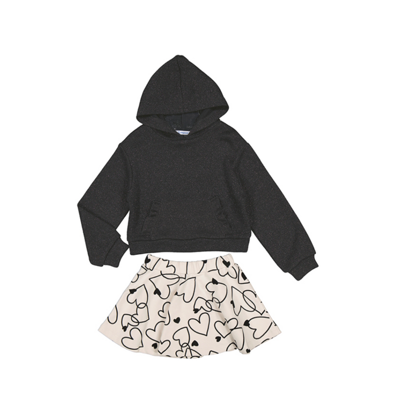 AW24 Mayoral Black Hearts Hooded Skirt Set