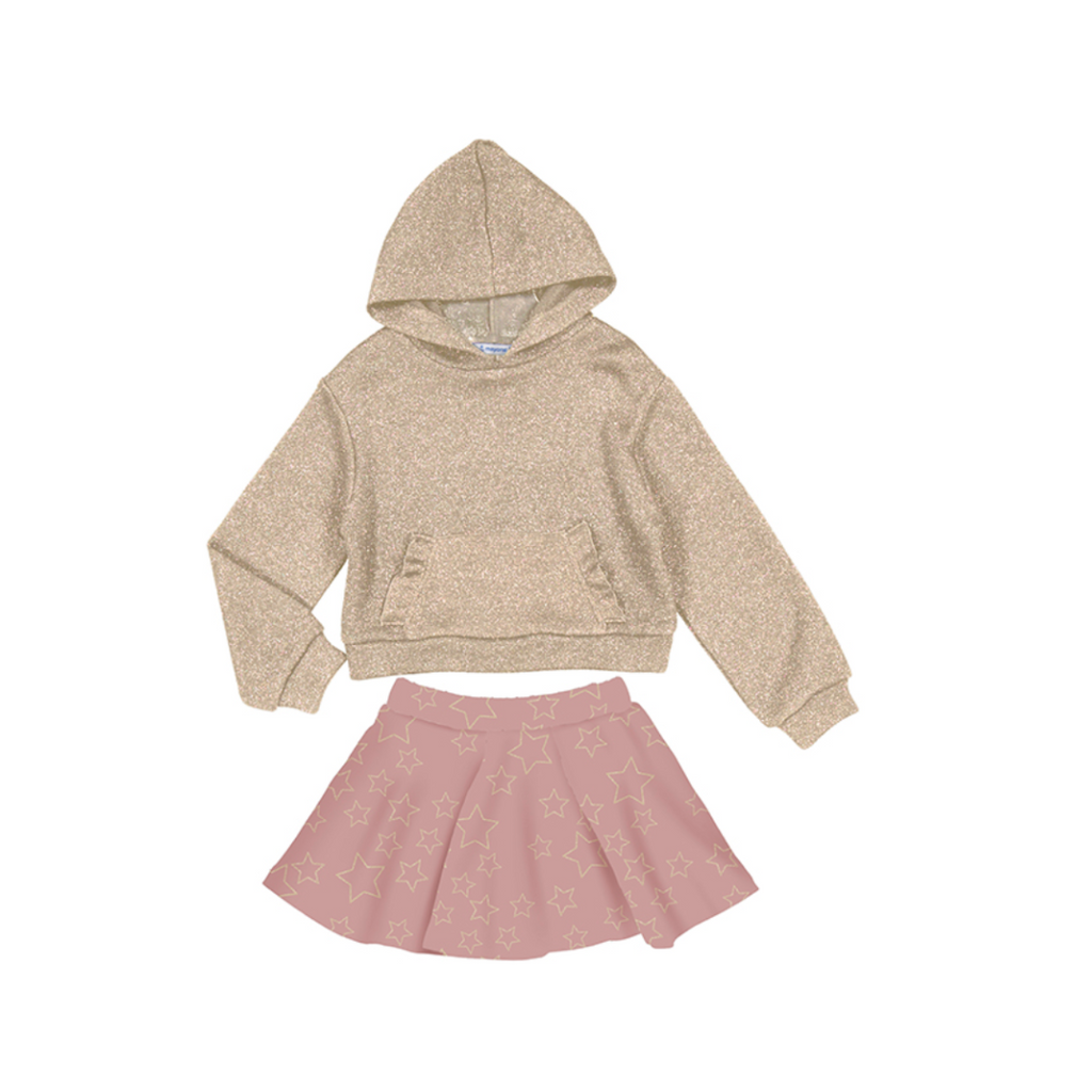 AW24 Mayoral Pink & Gold Stars Hooded Skirt Set