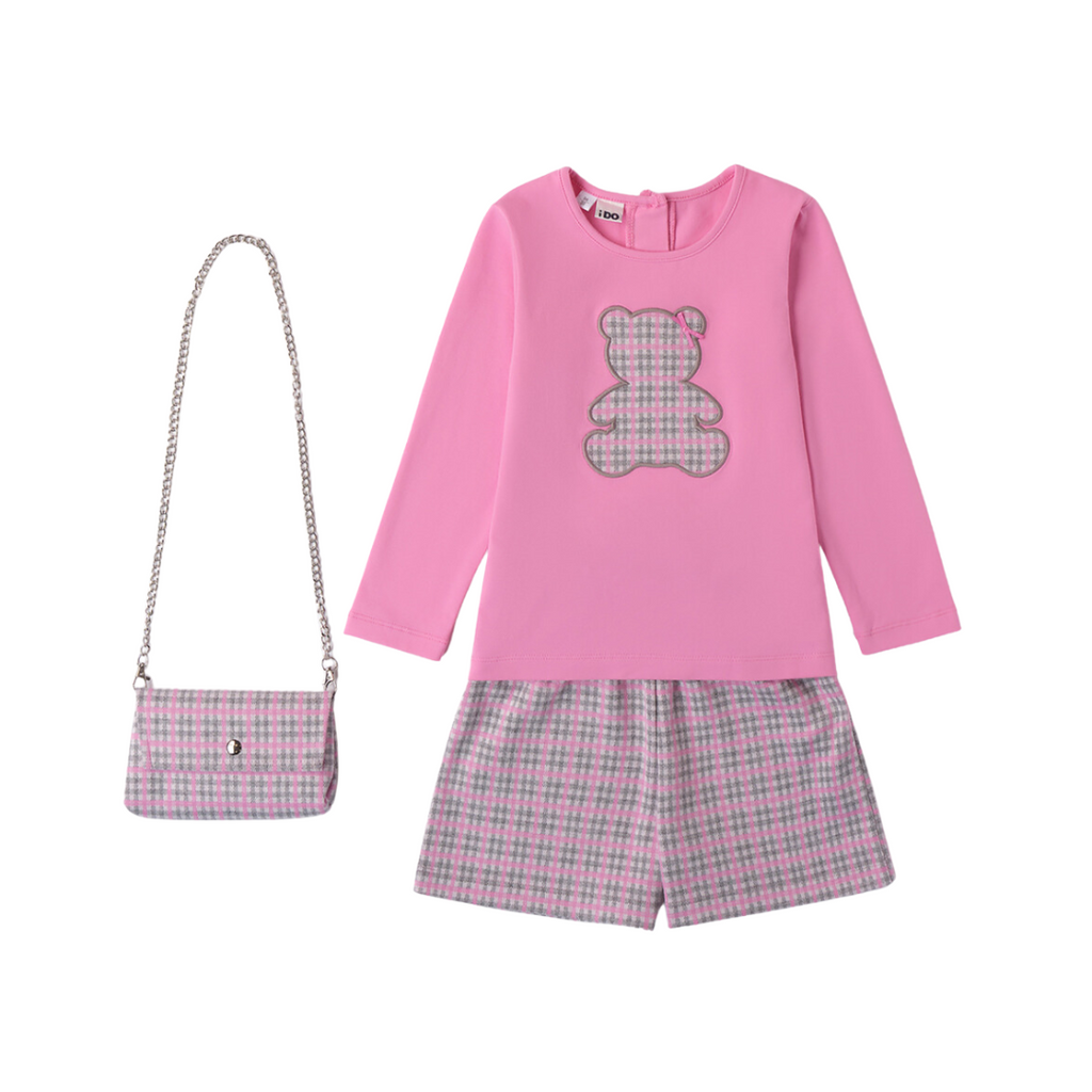 AW24 iDO Pink & Grey Check Teddy Short Set With Bag