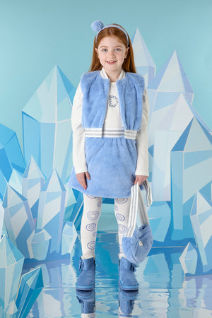 AW24 ADee PHEONIX & PRINNY Iced Blue & Snow White Faux Fur Three Piece Gilet & Skirt Set