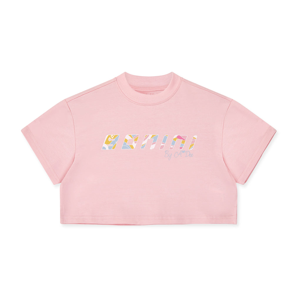 SS25 Bonini SHINE Pink Multicoloured Swirl Logo Crop T-Shirt