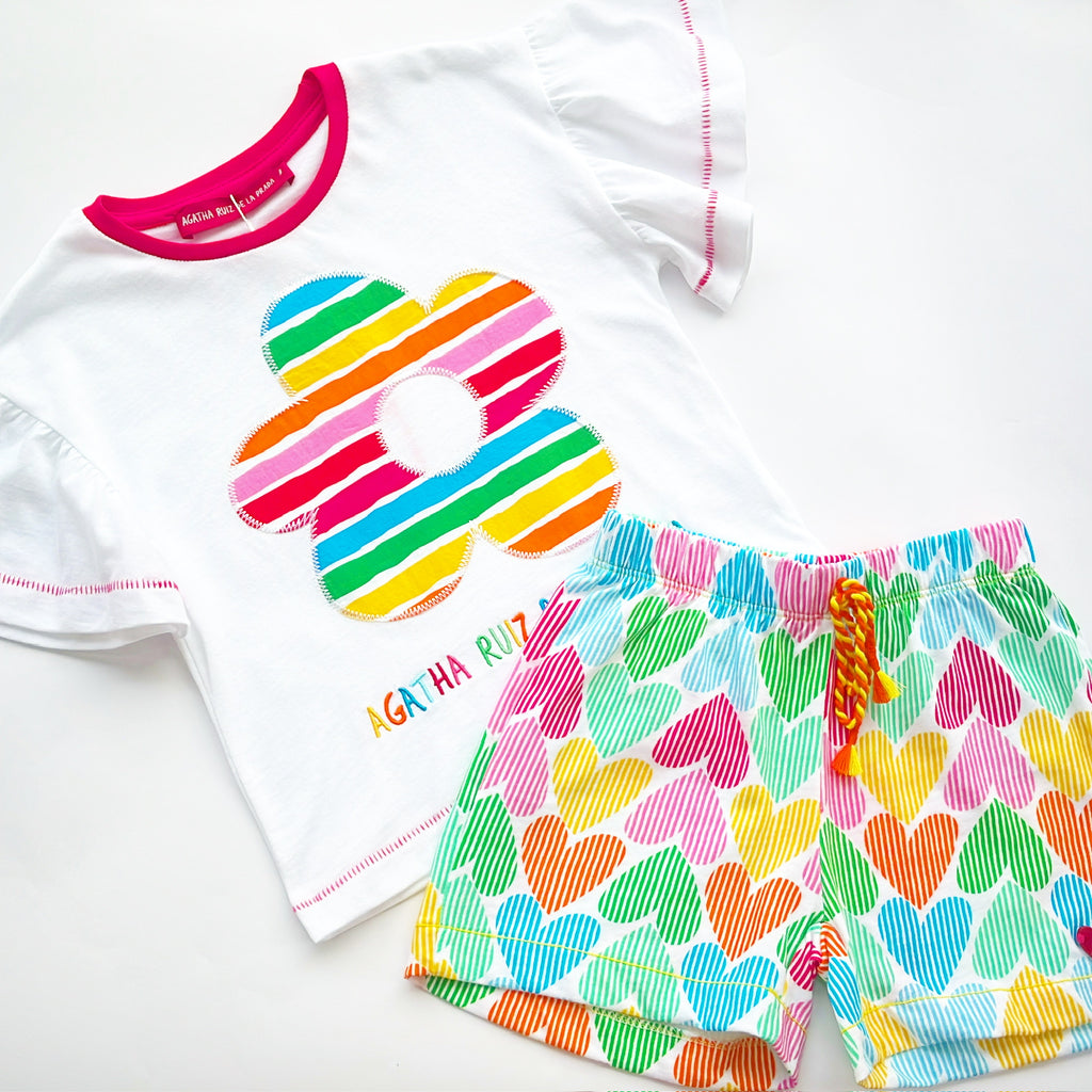 SS25 Agatha Ruiz De La Prada Junior White Multicoloured Flower Logo & Hearts Shorts Set