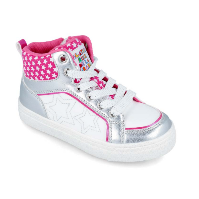 AW24 Agatha Ruiz De La Prada Pink White Silver Star Logo Hi Top Trainers