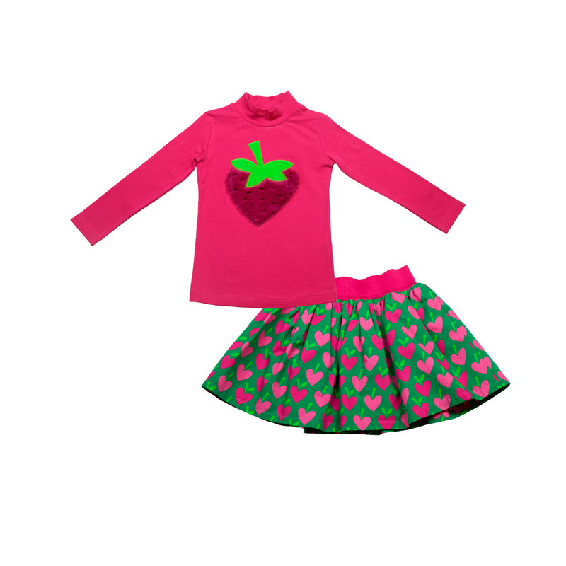 AW24 Agatha Ruiz De La Prada Pink & Green Faux Fur Strawberry Pattern Skirt Set