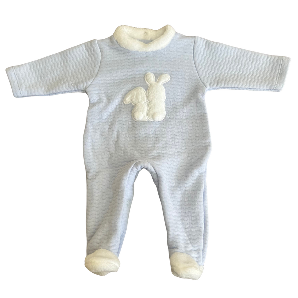 AW24 Deolinda Blue & White Faux Fur Collar Bunnies Babygrow