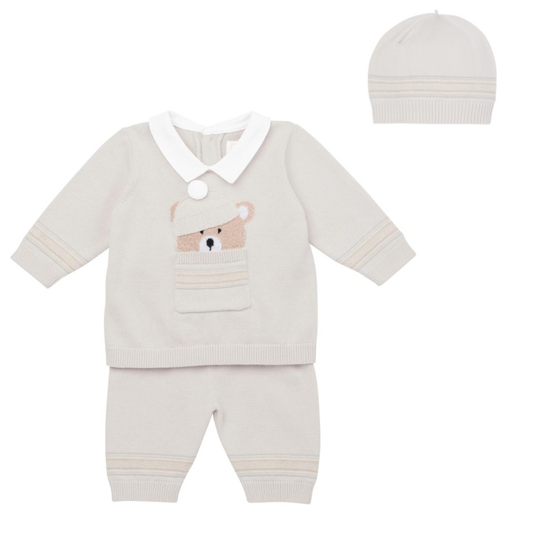 AW24 Emile Et Rose HUDSON Beige & White Knit Teddy Bear Trouser Set With Hat