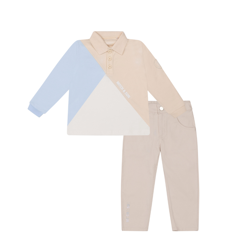 AW24 Mitch & Son APOLO & ARDEN Beige Cut N Sew Polo Top & Twill Trouser Set