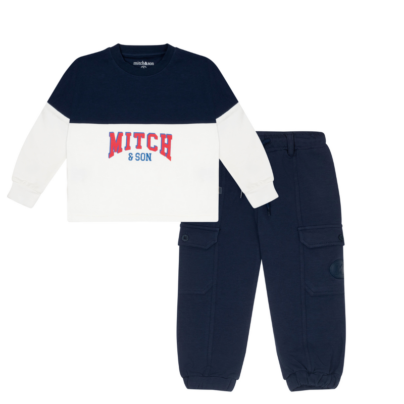 AW24 Mitch & Son BRUCE & BRADLEY Navy Blue & White Logo Colour Block Jumper & Cargo Trouser Set