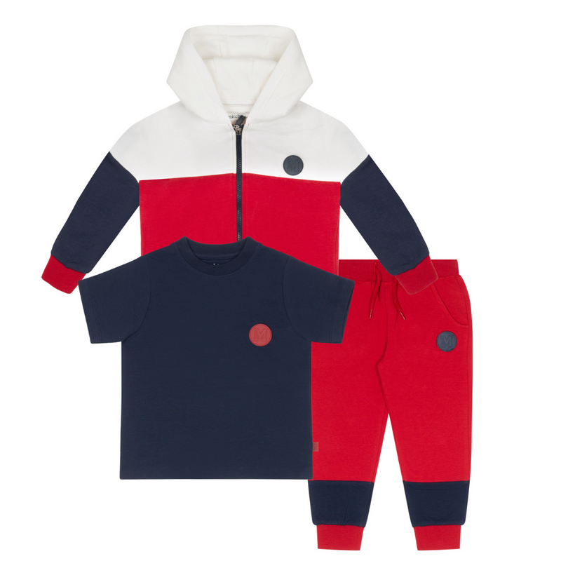 AW24 Mitch & Son BLAKE & BERT Red & Navy Blue Three Piece Logo Badge Zipper Hoody Tracksuit