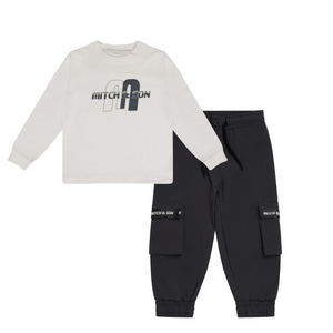 AW24 Mitch & Son Junior CREW & CHARLES Dark Grey & White Long Sleeve Logo T-Shirt & Cargo Jogger Set