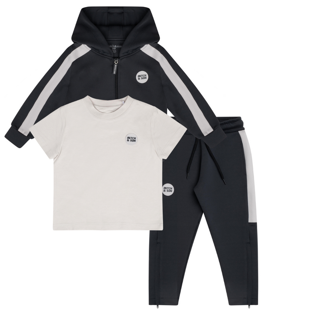 AW24 Mitch & Son Junior CALVIN & CHRISTOPHER Dark & Stone Grey Three Piece Zipper Hoody Tracksuit