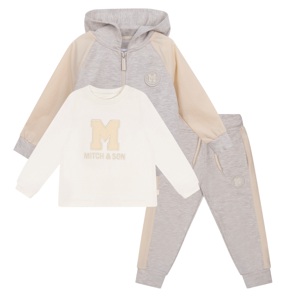 AW24 Mitch & Son ALBIE & ASHER Beige Logo Zipper Three Piece Hoody Tracksuit